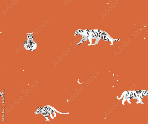 Hand drawn vector abstract modern graphic illustrations,safari boho contemporary seamless pattern print with exotic wild white tigers animals moon and stars,striped texture.Tiger animal design concept