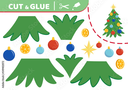 Christmas fir tree. Cut and glue. Application work. Paper game. Vector