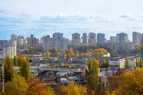 City building. Multi-storey residential building. Panorama of autumn Kyiv, the capital of Ukraine. View overlooking the town.
