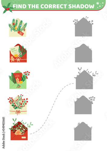 Fototapeta Naklejka Na Ścianę i Meble -  Christmas envelopes. Find the correct shadow. Shadow matching game. Cartoon, vector