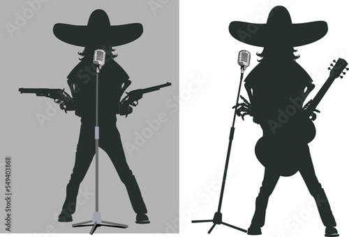 Singer in sombrero with guitar and gun