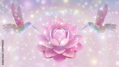 Pink lotus with humming birds and rainbow Meditation Animation, 3d render photo