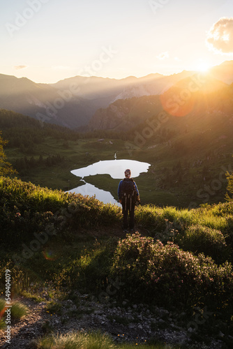 Panormaic view over two mountain lakes during sunset  Northern Italy