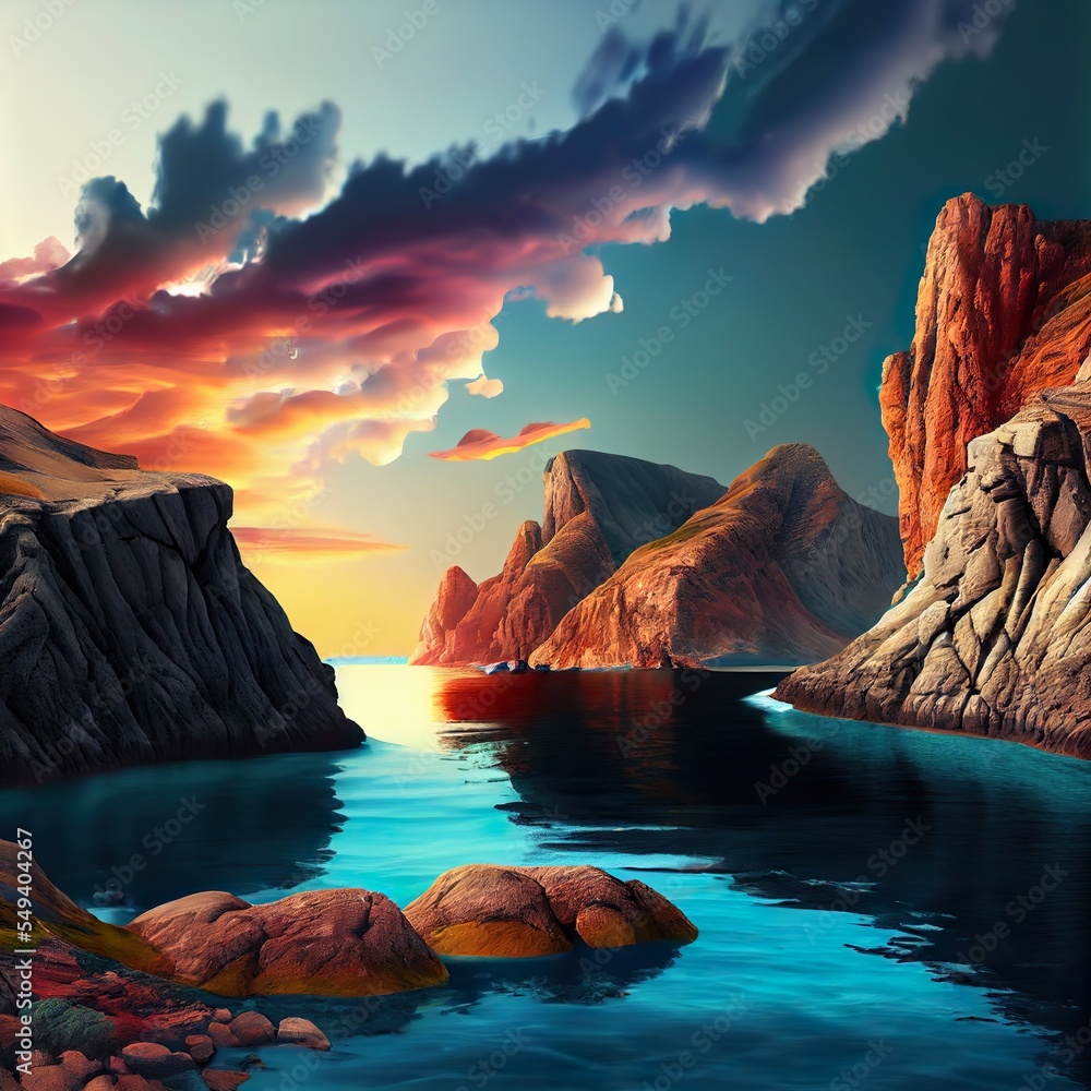3d render, panoramic background. mysterious, a body of water with rocks and mountains in the background, illustration with water sky