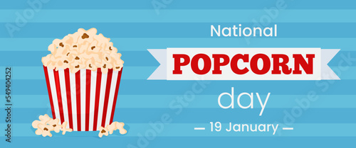 Vector horizontal template banner National Popcorn day 19 January. Greeting card illustration with popcorn bucket on blue background. Flyer for event and social media