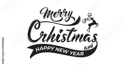 Merry Christmas and happy new year hand lettering with deer illustration on the white background. vintage vector illustration.
