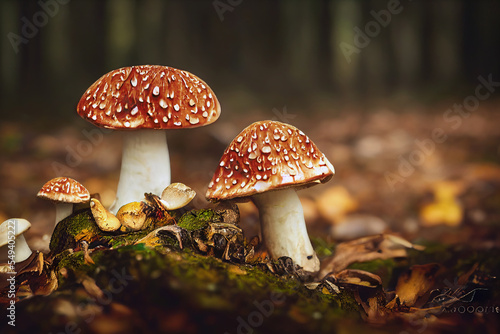 Drawing of nature's fly agaric amanita agaric toxic red mushrooms. Illustration of fungi growing out from the foliage of the autumn forest with raindrops. Beautiful digital artwork.