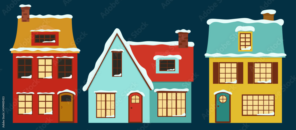 Winter country houses and cabins collection. European snow homes and rural cottages set. Colorful residential house, building, family house, modern house in flat design on dark background.