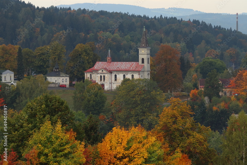 autumn landscape in the mountains with old church autumn landscape in the mountains with old church