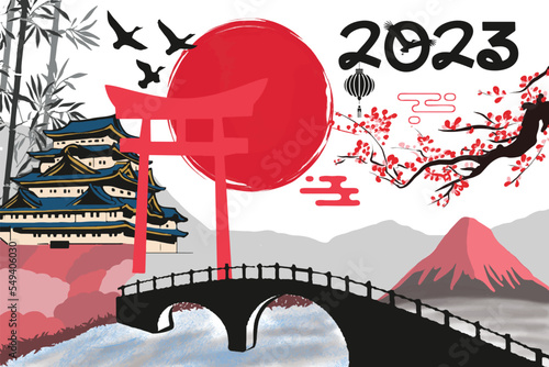 2023 Calendar year vector illustration. Annual calendar 2023 template. Calendar design more colors, every month using japanese style.