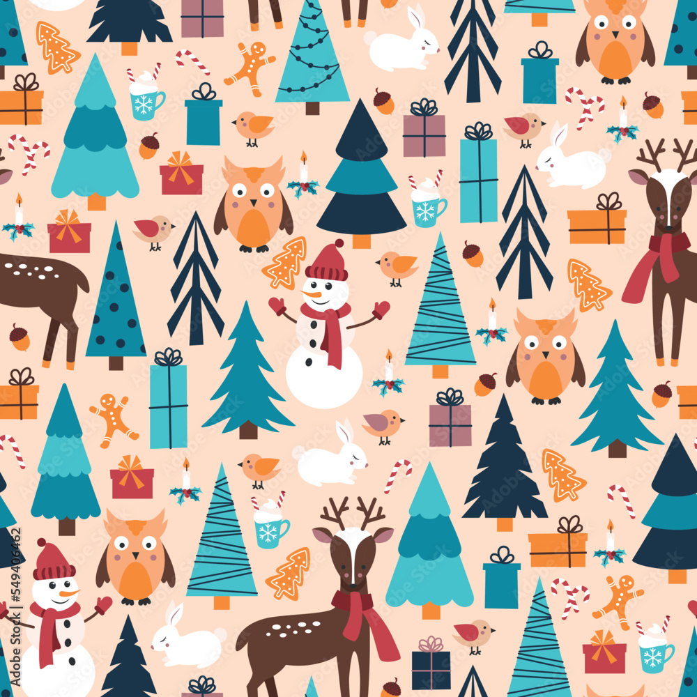 Winter background with forest animals, Christmas trees and gifts