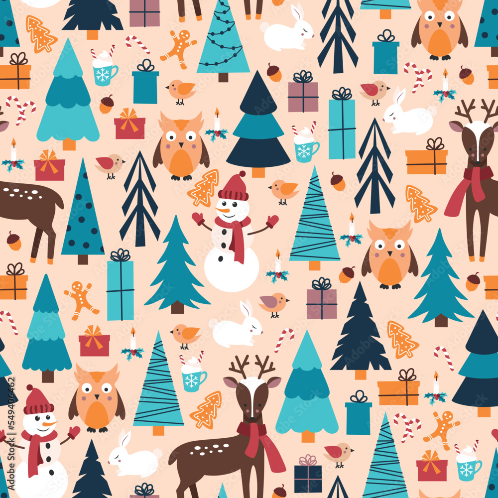 Winter background with forest animals, Christmas trees and gifts Winter background with forest animals, Christmas trees and gifts
