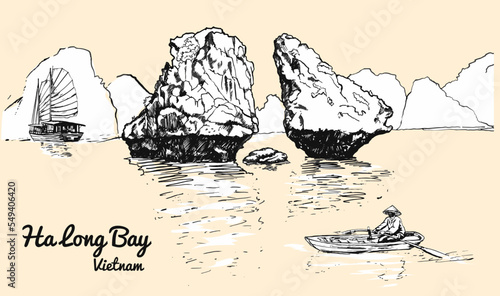 the Halong Bay, Vietnam. The wonderful Ha Long Bay (Descending Dragon Bay), Unesco world heritage in Vietnam. Vector illustration. 