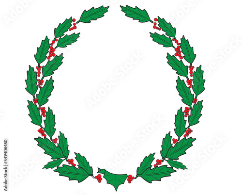 Vector illustration Christmas wreath of holly with red berries. Green leaf with greeting with text Merry Christmas. Icon isolated on white background. New Year's Eve celebration in December