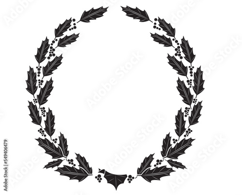 Black silhouetteVector illustration Christmas wreath of holly with red berries. Green leaf with greeting with text Merry Christmas. Icon isolated on white background. New Year's Eve celebration in Dec