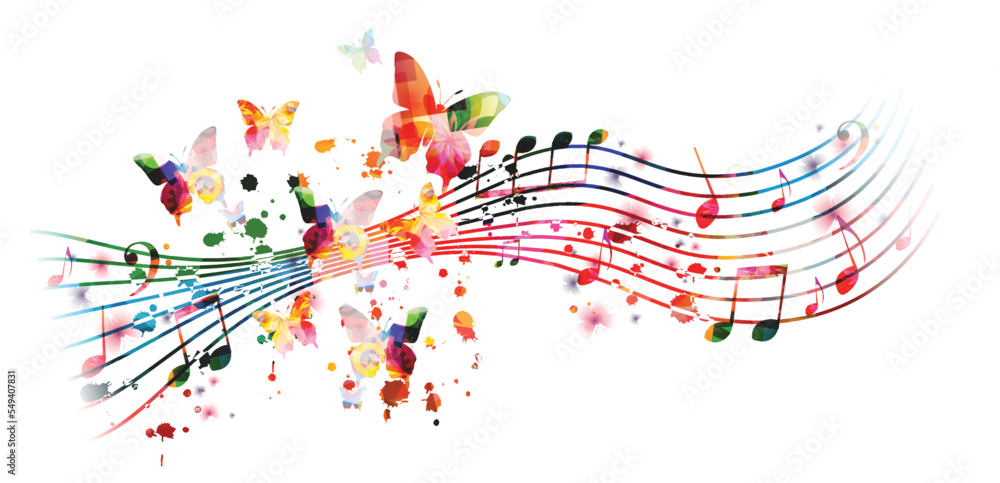 Fototapeta premium Vibrant music background with colorful musical notes and butterflies isolated. Vector illustration. Artistic music festival poster, live concert events, party flyer, music notes signs and symbols 