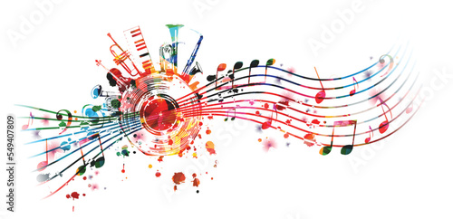 Colorful musical promotional poster with musical instruments and notes isolated vector illustration. Artistic playful design with vinyl disc for concert events, music festivals and shows, party flyer	
