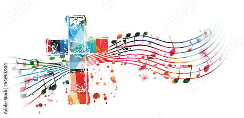 Colorful vibrant Christian cross with musical notes stave isolated. Vector illustration. Religion themed design for Christianity, church service, communion and celebrations. Church choir background	