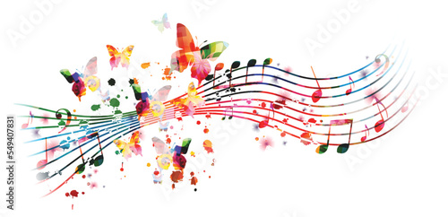Vibrant music background with colorful musical notes and butterflies isolated. Vector illustration. Artistic music festival poster, live concert events, party flyer, music notes signs and symbols	