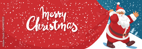 Merry Christmas banner with wishes, Santa Claus carries a big red bag of gifts. Christmas text on red background. Vector flat cartoon illustration.