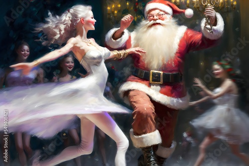 A happy Santa dances with a beautiful elf with blonde hair dressed in a beautiful evening gown. An evening party held to celebrate the start of Christmas eve. Xmas festive 2022