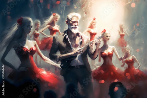 Santa dressed in a casual suit plays his guitar during the Christmas kick-off ceremony. Beautiful elves dressed in red dresses dance around him adoring him. Xmax party Saturday night 2022