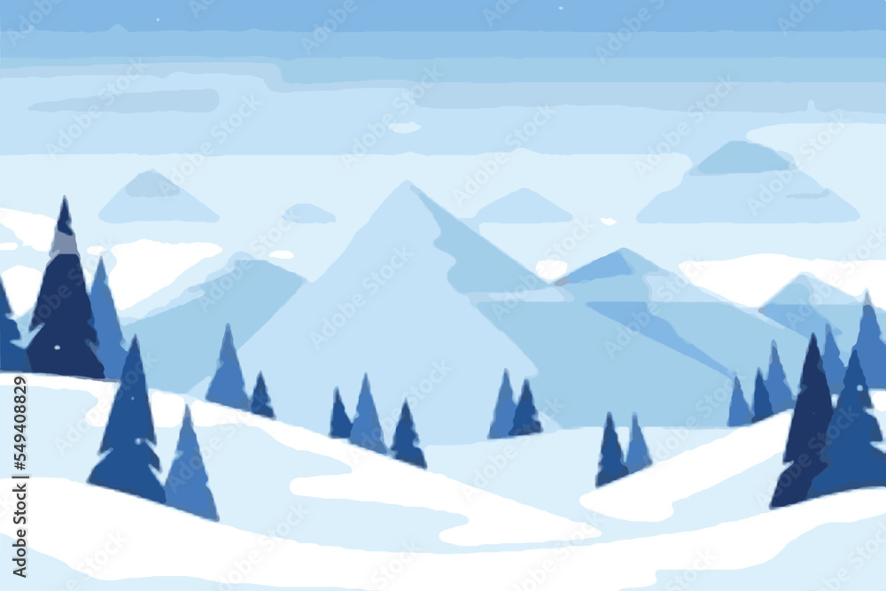 Exclusive winter landscape illustration. Premium colorful abstract background with dynamic shadow, consisting of hills, snow, ice, trees, forest, gradient , artistic texture, epic mountains, beautiful
