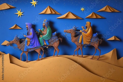 Stampa su tela Paper cut art of three wise kings Melchior, Caspar and Balthasar, riding camels following the star of Bethlehem