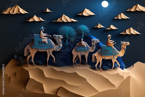 Tela Paper cut art of three wise kings Melchior, Caspar and Balthasar, riding camels following the star of Bethlehem