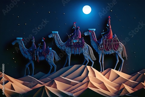 Foto Paper cut art of three wise kings Melchior, Caspar and Balthasar, riding camels following the star of Bethlehem