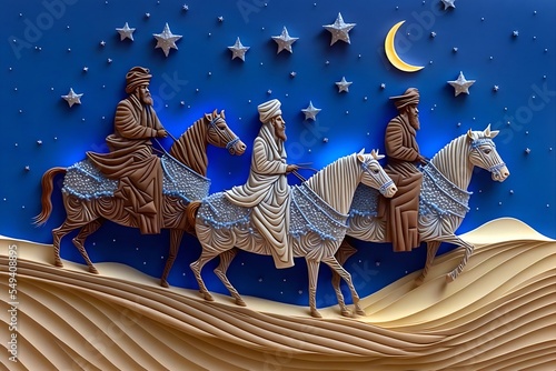 Leinwand Poster Paper cut art of three wise kings Melchior, Caspar and Balthasar, riding camels following the star of Bethlehem