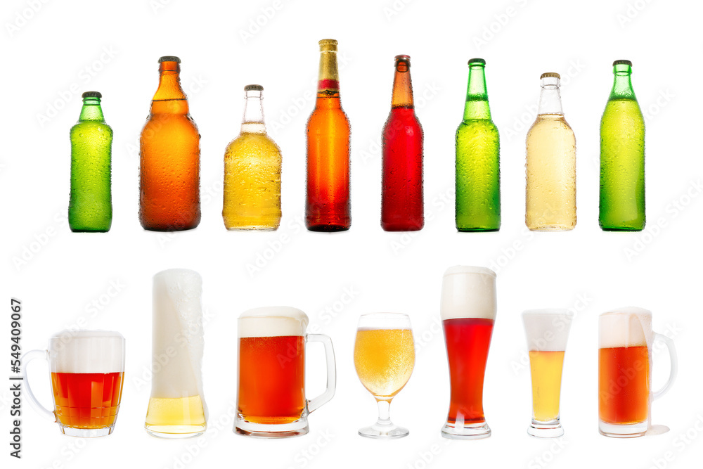 Collection of various full beer bottles and glasses. Png Isolated with transparency