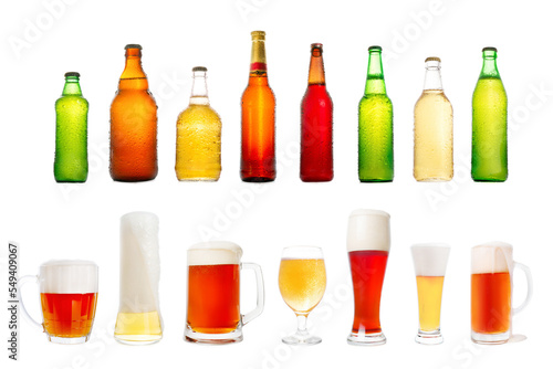 Obraz na płótnie Collection of various full beer bottles and glasses. Png Isolated with transparency w salonie