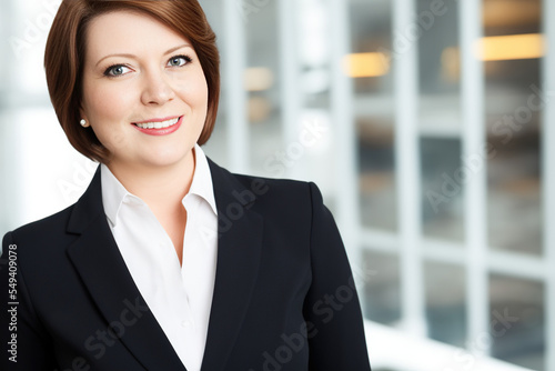 A fictional person, not based on a real person. Portrait of a corporate happy woman in office.
