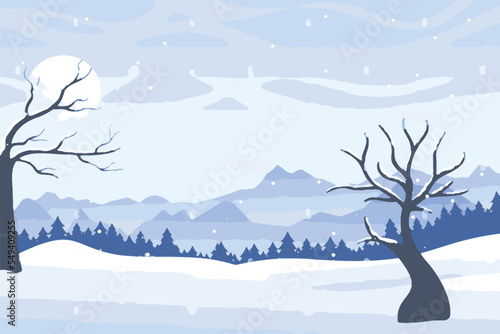Exclusive winter landscape illustration. Premium colorful abstract background with dynamic shadow, consisting of hills, snow, ice, trees, forest, gradient , artistic texture, epic mountains, beautiful