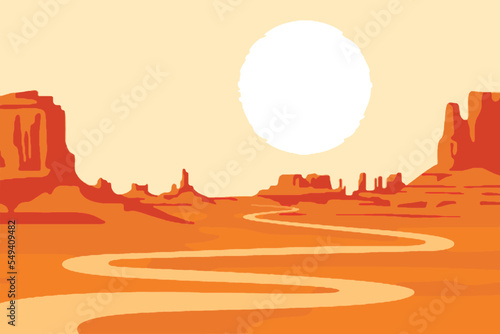 Exclusive nature landscape illustration. Premium colorful abstract background with dynamic shadow, consisting of hills, lake, desert, sun, gradient color, artistic texture, epic mountains, beautiful