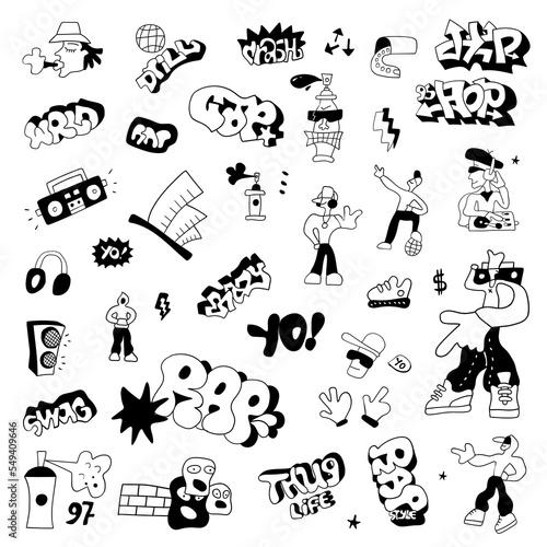hip hop , rap music , street style - doodle set , hand drawn design element