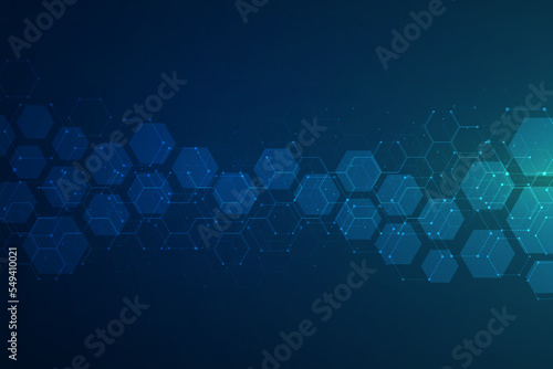 Hexagons pattern on blue background. Genetic research, molecular structure. Chemical engineering. Concept of innovation technology. Used for design healthcare, science and medicine background