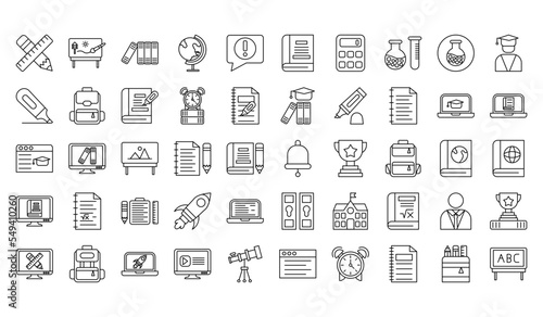 Set of 50Education and Learning web icons in line style. School, university, textbook, learning. Vector illustration.