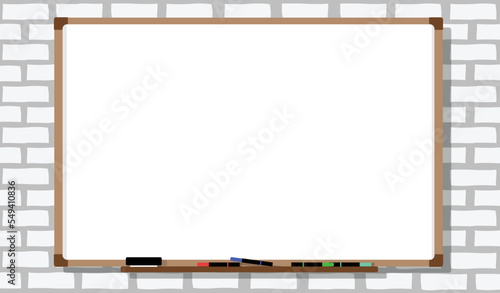 Blank whiteboard vector on white brick wall for copy space , blank vector illustration. Realistic vector office whiteboard. Empty whiteboard with marker pens