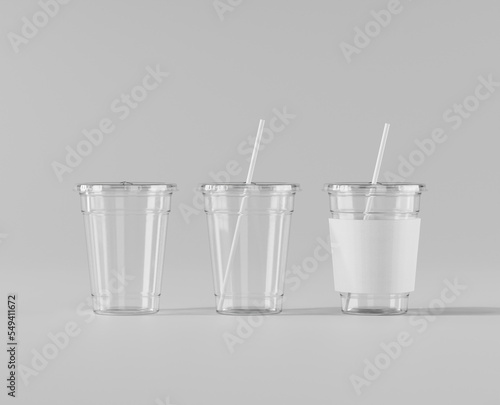 A realistic transparent disposable ice cup with a cup holder, Transparent plastic cup mockup with lid, 3d rendering