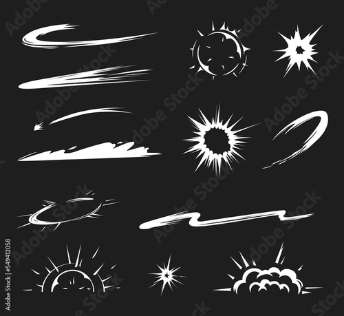 Comic energy explosion. Trace from dynamic movements, running, smash and hit. White dust for game animation asset