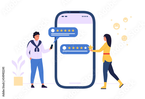 Customer rating. Woman and man giving positive feedback for service. Characters showing satisfaction