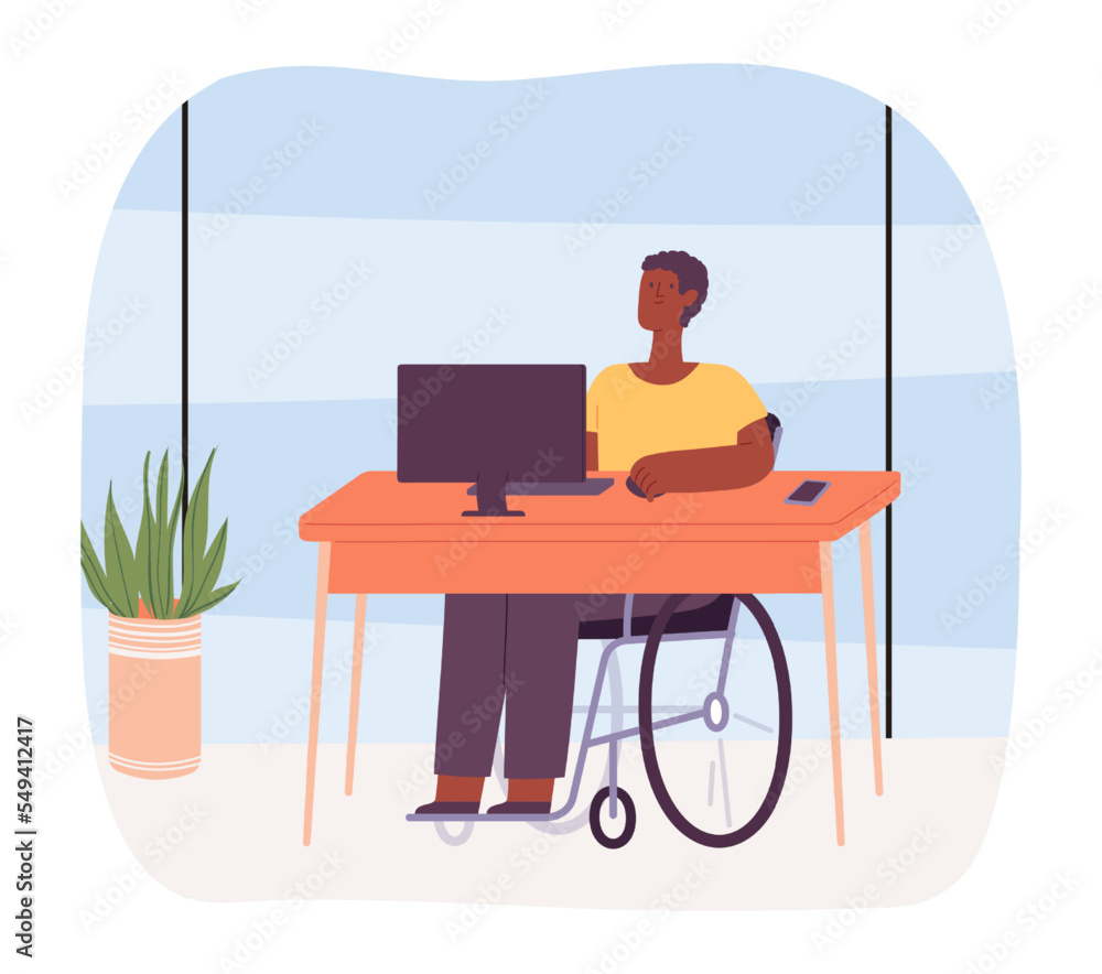 Disabled person at work. Male character on wheelchair sitting at desk with computer and working, Office worker
