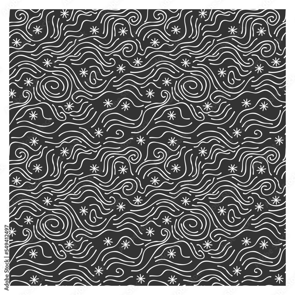Seamless pattern of snow and winter waves on black background. Design winter backdrop.