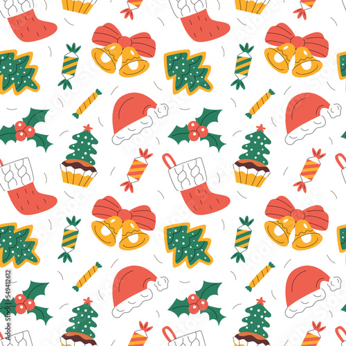 Seamless pattern with various Christmas elements, Santa's red hat, sweets, cookies, cupcakes, bells, socks, holy tree berries (ID: 549412612)