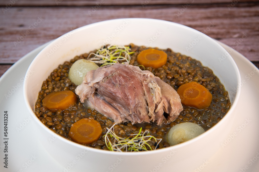 Recipe for salted pork shank with lentils. High quality photo Recipe for salted pork shank with lentils. High quality photo
