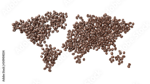 World map shaped coffee beans on white background