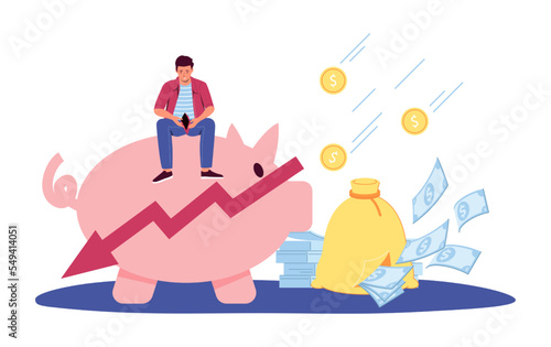 Financial crisis. Poor man sitting on piggy bank and opening empty wallet. Male character loosing money