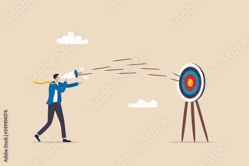 Communicate or advertising to target audience, marketing campaign or promotion to hit business goal or target customer concept, businessman marketer talk on megaphone with archer hit target bullseye.